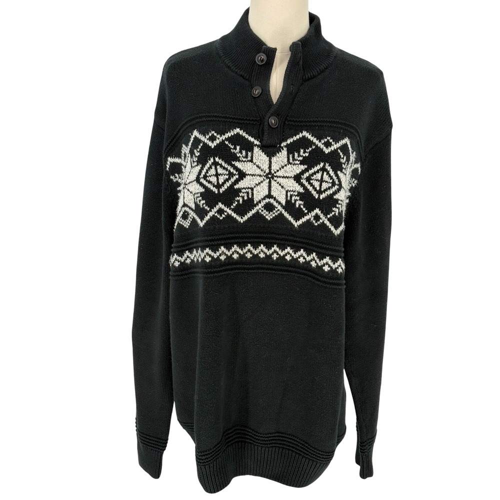 Chaps Sweater Black Fair‎ Isle Snowflake Quarter Button Mock Neck Large